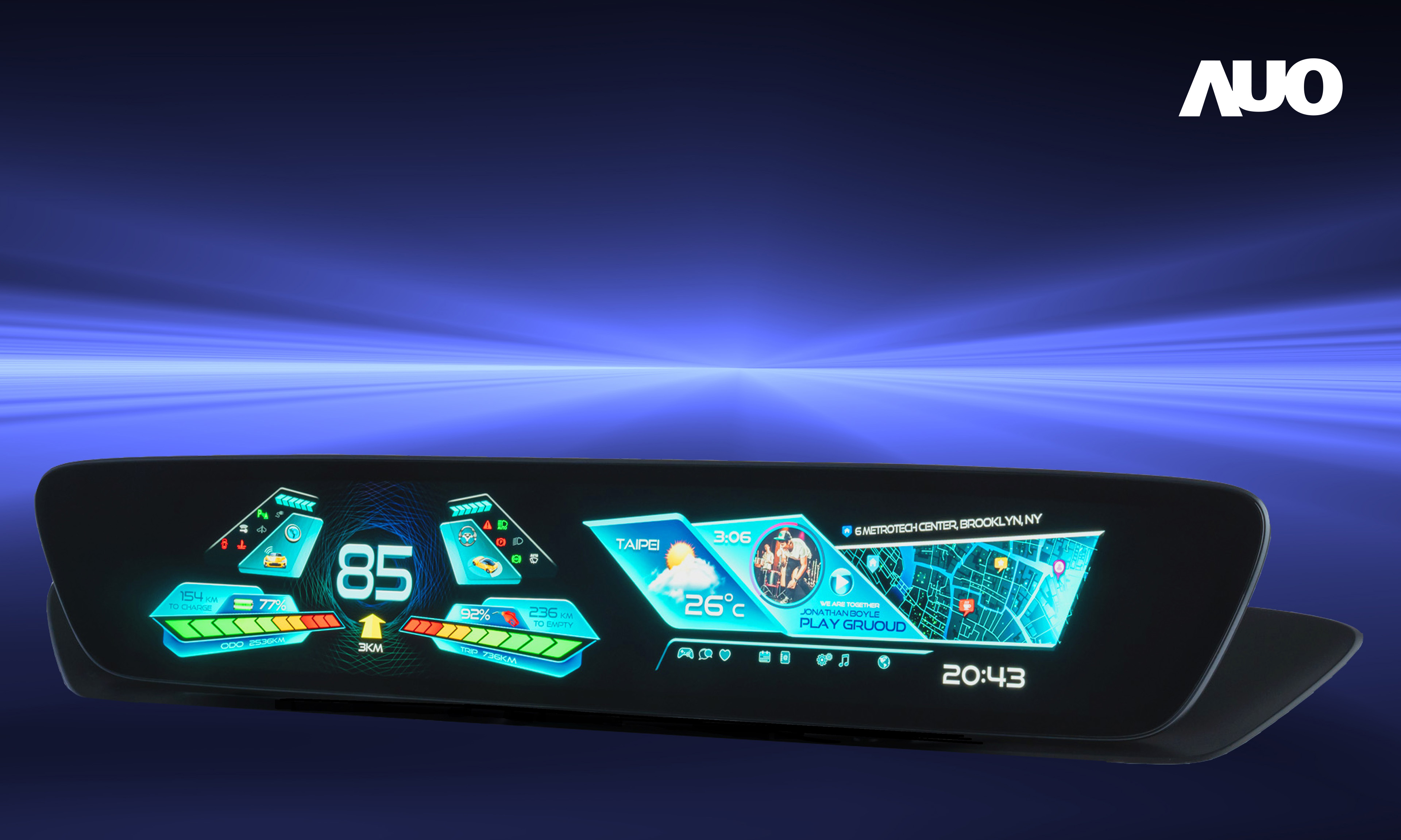 友達30.4吋異形曲面AmLED車載顯示系統，為一兼具儀表板及中控台人機介面的創新車載顯示系統，結合美學設計，提升車內科技沉浸感及使用體驗，讓車載顯示的未來應用更加多元化