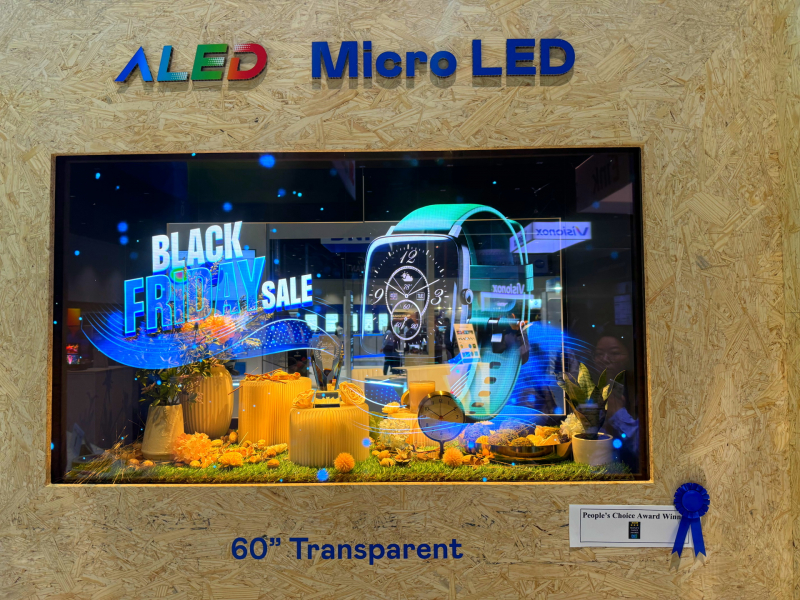 友達60吋高透明度Micro LED顯示器獲「最佳Micro LED技術應用獎」，將Micro LED面板透明化之設計特性極致發揮，以可擴展性無縫拼接技術打造，具備600 nits全畫面亮度、大於60%穿透率及超過NTSC 110%的優異廣色域表現，可依需求靈活應用於各種場域