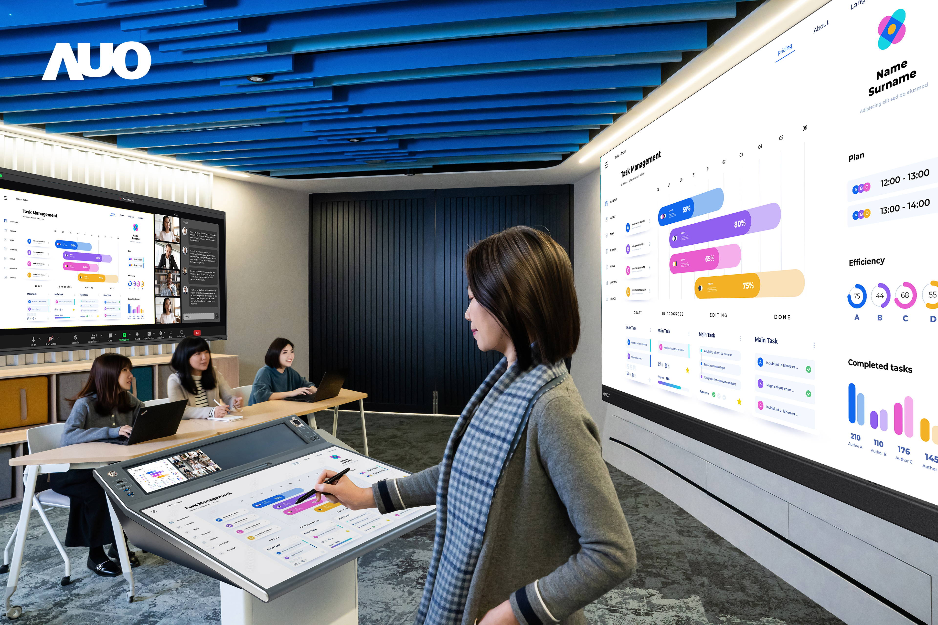 达擎携手Avocor与Rise Vision展示全方位商务领域应用，包含采用模块化设计的138吋一体式All-in-One LED显示器及具21:9超宽比例的92吋交互式电子白板（IFPD），讲者可轻松分享内容，有效提升会议协作效率。